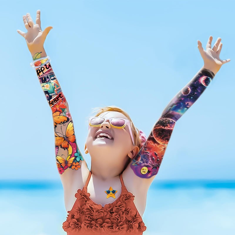 atydkug 52 PCS Kids Full Arm Temporary Tattoos - Rocket Car Dinosaur Planet Astronaut & Dolphin Castle Cat Body Tattoos Stickers for Boys & Girls, Party Supplies Gifts - Image 2