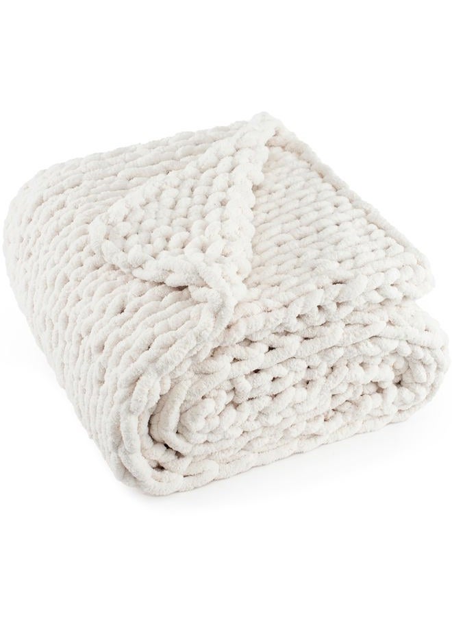 LONG CREATE Chunky Knit Throw Blanket 60"X 80", 100% Handmade with Soft Chenille Yarn, 6.7lbs Thick Cable Knitted Blankets, Large Rope Knot Crochet Throws for Couch Sofa Bed Home Decor, Cream White - Image 1