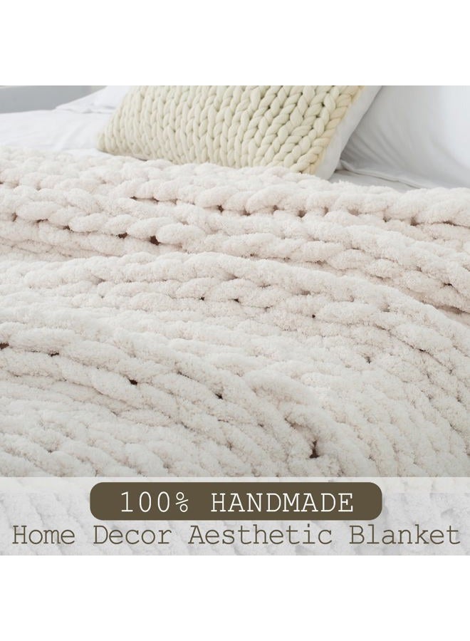 LONG CREATE Chunky Knit Throw Blanket 60"X 80", 100% Handmade with Soft Chenille Yarn, 6.7lbs Thick Cable Knitted Blankets, Large Rope Knot Crochet Throws for Couch Sofa Bed Home Decor, Cream White - Image 2