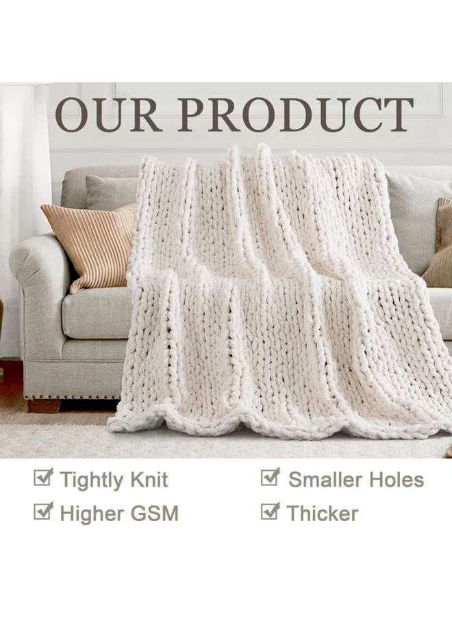 LONG CREATE Chunky Knit Throw Blanket 60"X 80", 100% Handmade with Soft Chenille Yarn, 6.7lbs Thick Cable Knitted Blankets, Large Rope Knot Crochet Throws for Couch Sofa Bed Home Decor, Cream White - Image 4