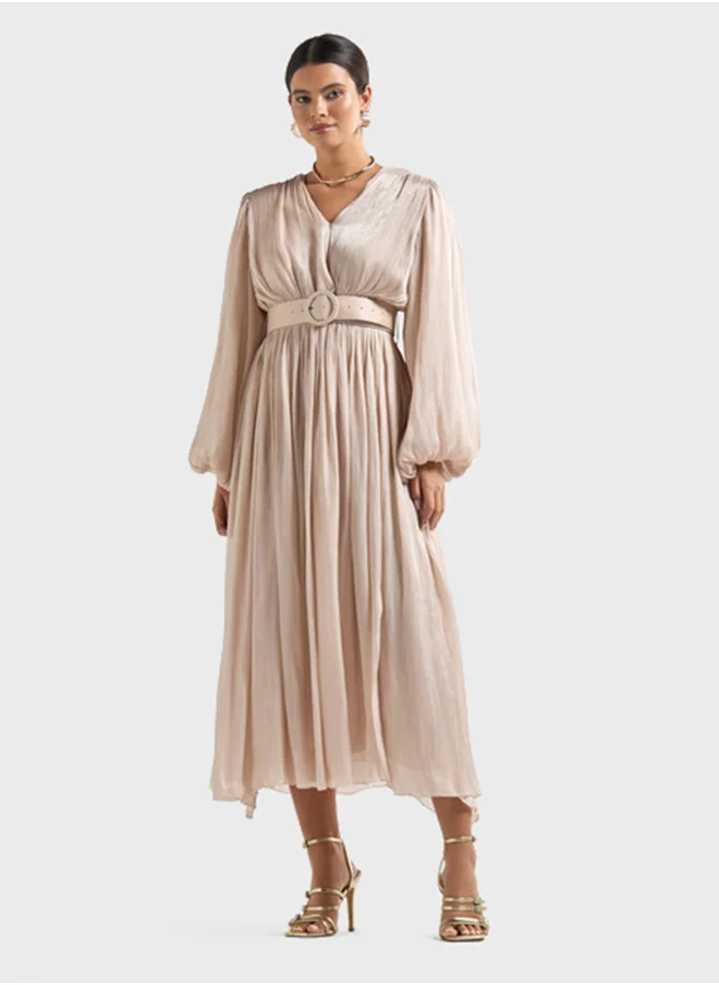 FAV Textured Belted V-Neck Dress