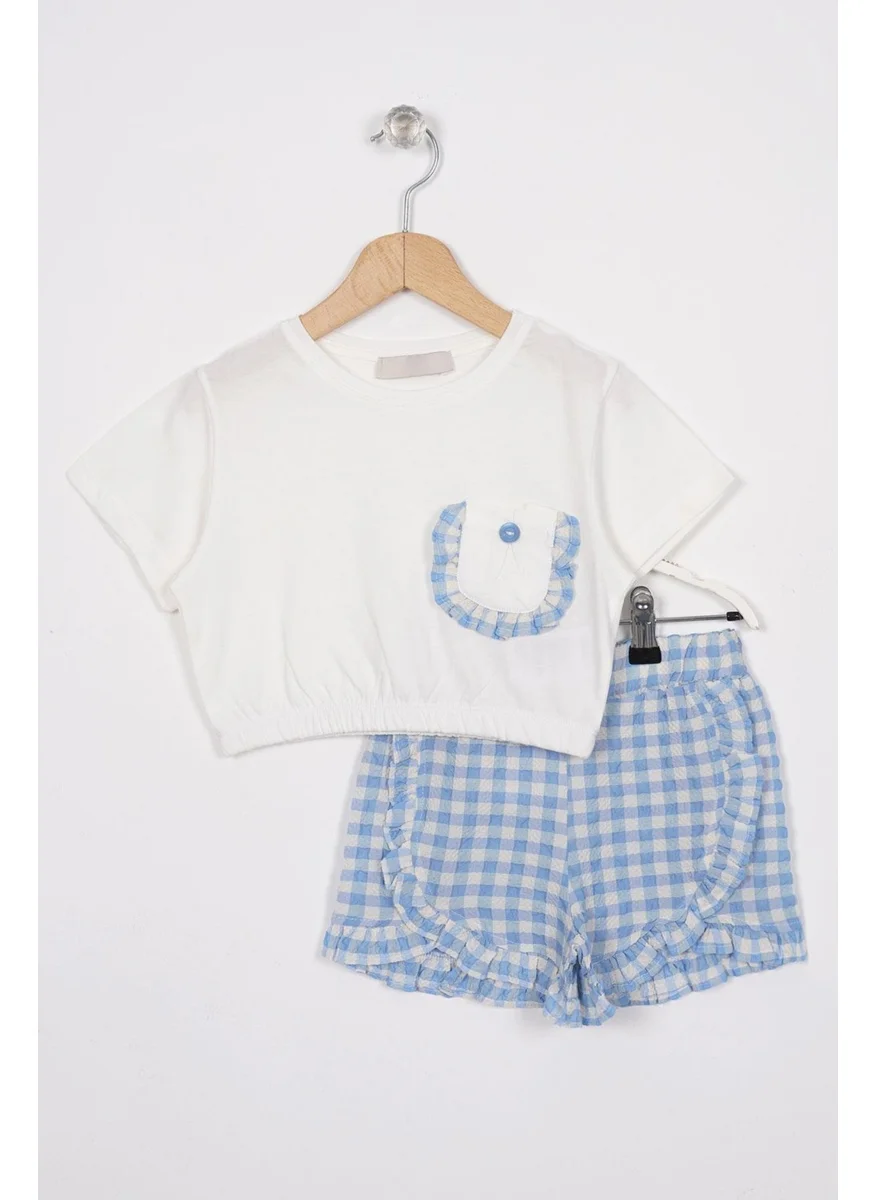 Zepkids Ruffle Detailed Ecru Blue Color Girl Shorts Set