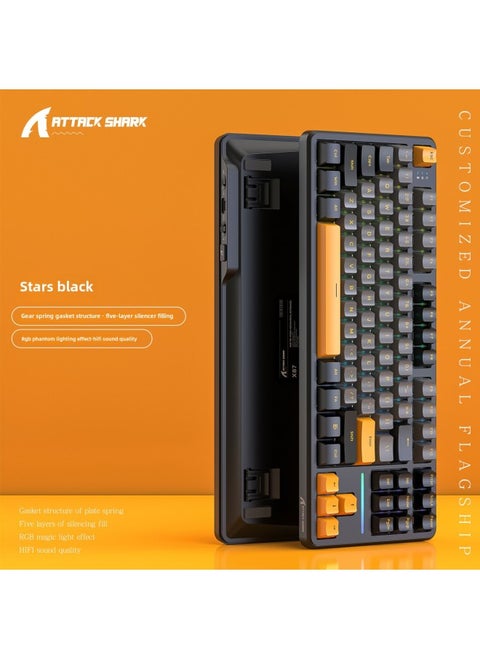 Attack Shark X87 Wireless Mechanical Keyboard Bluetooth Three-Mode Gasket Customized E-sports Side Engraved Gaming Keyboard-Color:Attack Shark X87 Three-mode Hot-swappable Rgb Lighting Stars Black Strawberry Shaft