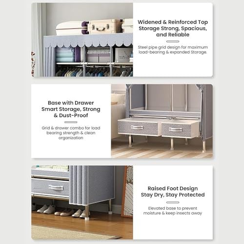 StarAndDaisy Breathable Fabric, Alloy Steel Kids Foldable Wardrobe with Cover & Drawers Almirah for Clothes, Shoes & Accessories/Space-Saving Closet with Side Pockets & Hanging Rod -Rhombus, Grey - Image 3