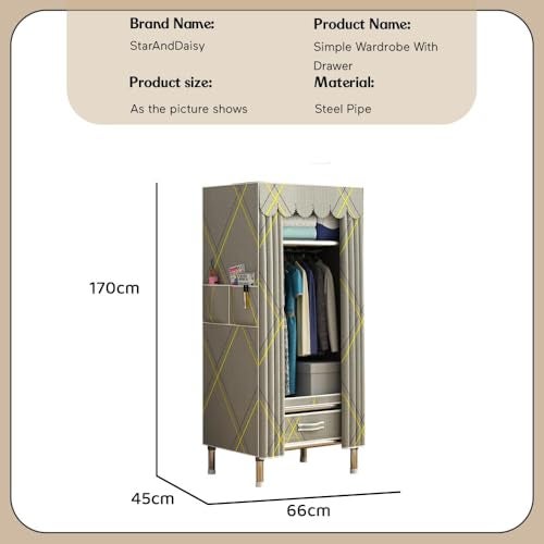StarAndDaisy Breathable Fabric, Alloy Steel Kids Foldable Wardrobe with Cover & Drawers Almirah for Clothes, Shoes & Accessories/Space-Saving Closet with Side Pockets & Hanging Rod -Rhombus, Grey - Image 5