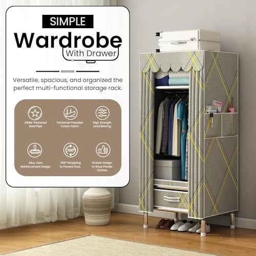 StarAndDaisy Breathable Fabric, Alloy Steel Kids Foldable Wardrobe with Cover & Drawers Almirah for Clothes, Shoes & Accessories/Space-Saving Closet with Side Pockets & Hanging Rod -Rhombus, Grey - Image 2