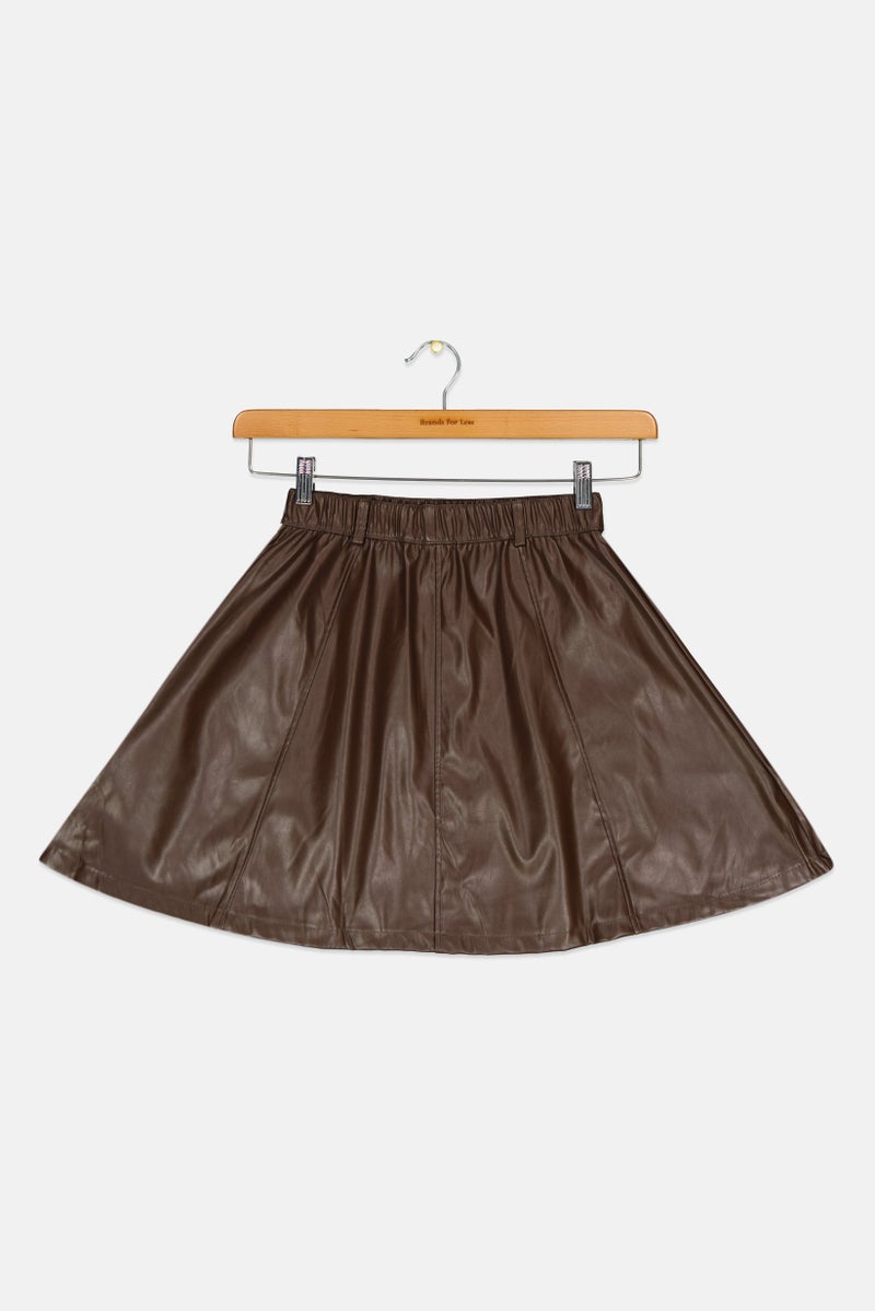 Overkids Kids Girl Plain Leather Midi Skirt, Chocolate Brown  - Image 2