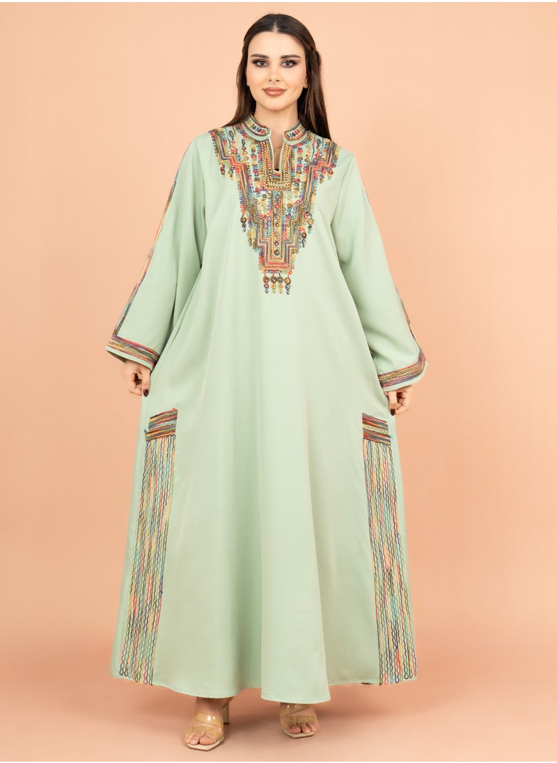 IKKXA Solid Embroidered Jalabiya IK4003 Green  - Image 1