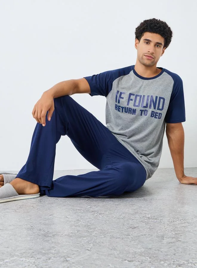 Men Grey Printed Raglan Sleeve T-Shirt and Pyjama Set