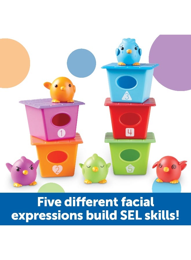 ليرننج ريسورسز موارد التعلم Peek-a-Bird Learning Buddies، لعبة تعليمية للأطفال الصغار تحتوي على 5 دمى أصابع للطيور وبيوت طيور مرقمة، تُعلّم الألوان والعد والعواطف والمهارات الحركية الدقيقة، للأعمار من 18 شهرًا فما فوق - Image 2