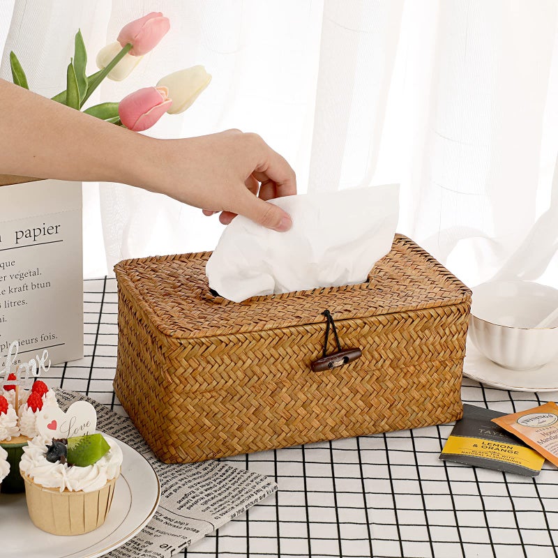Sumnacon Tissue Box Cover Rectangle Tissue Box Seagrass Tissue Box Holder Woven Tissue Holder Decorative Tissue Cover for Bathroom Tissue Box Cover Rectangular for Home Office Table Caramel - Image 3