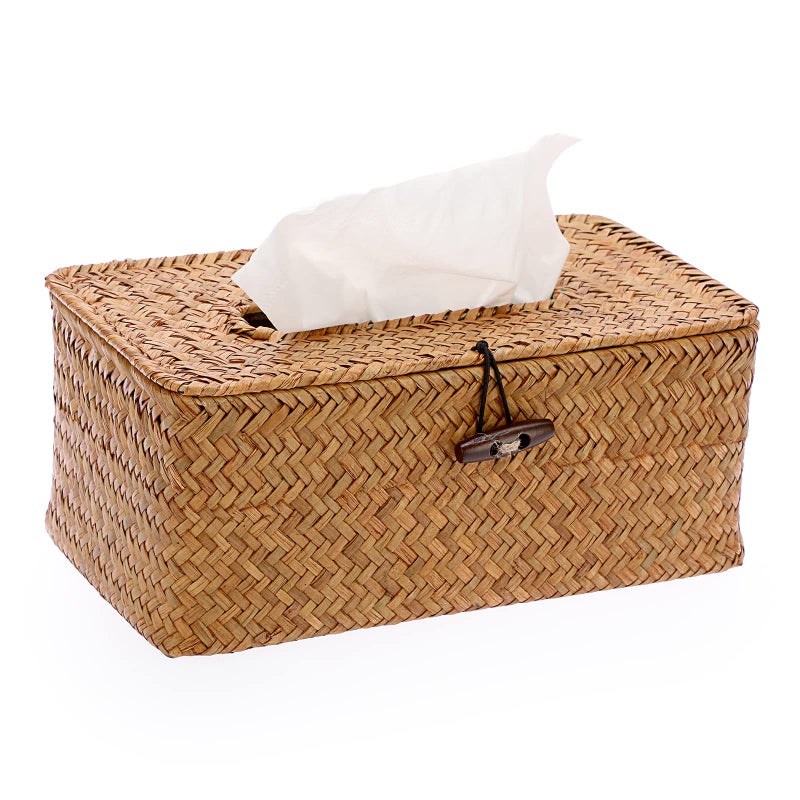 Sumnacon Tissue Box Cover Rectangle Tissue Box Seagrass Tissue Box Holder Woven Tissue Holder Decorative Tissue Cover for Bathroom Tissue Box Cover Rectangular for Home Office Table Caramel - Image 1