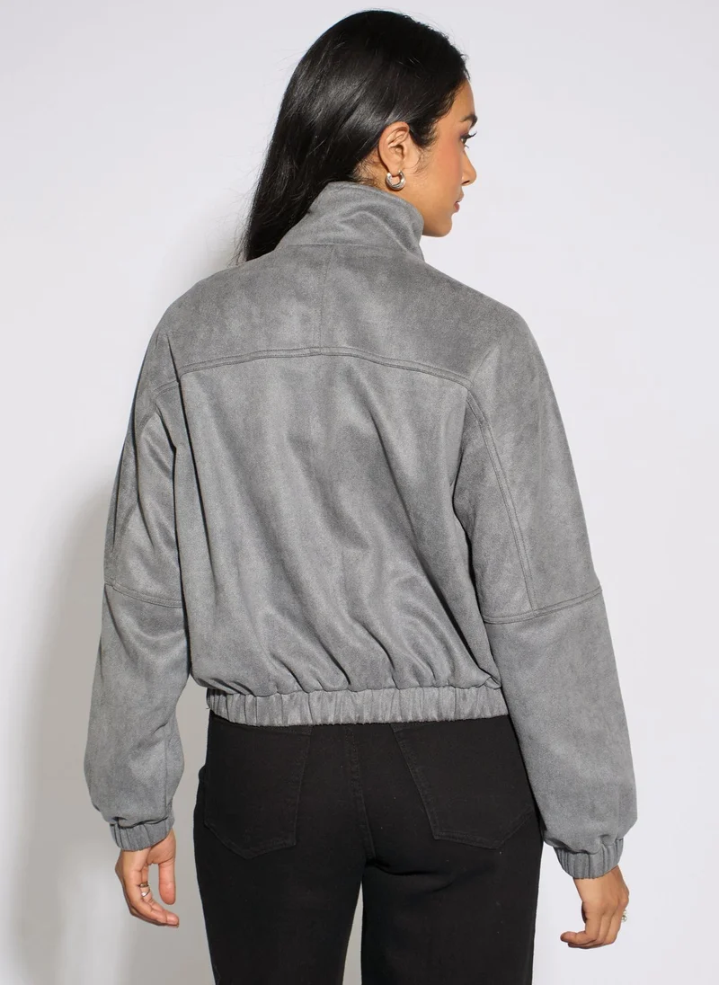 Gini London Grey Faux Suede Funnel Neck Bomber Jacket