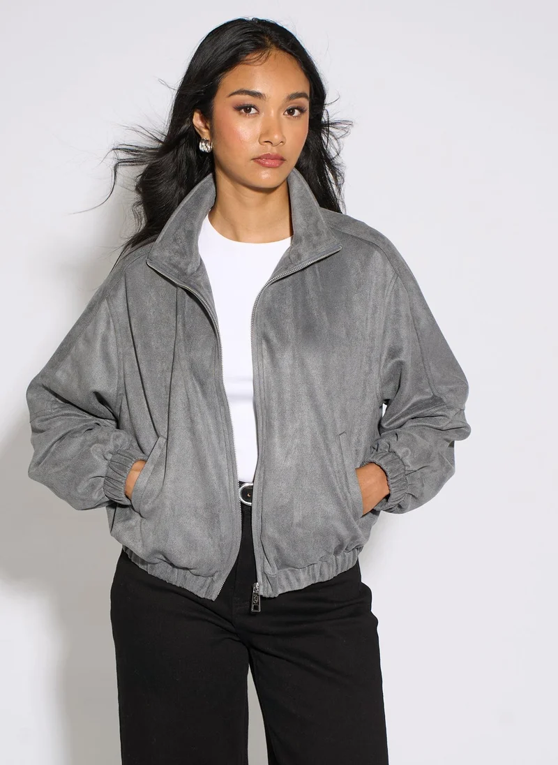 Gini London Grey Faux Suede Funnel Neck Bomber Jacket
