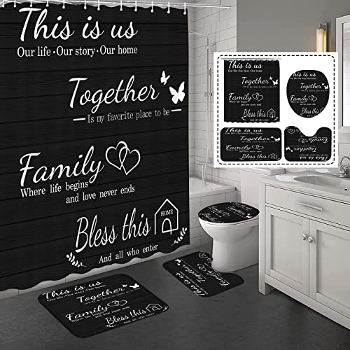 juwute 4Pcs Family Shower Curtain Sets with Non-Slip Rugs, Toilet Lid Cover and Bath Mat, Black Home Bathroom Decor Set Accessories Waterproof Shower Curtains with 12 Hooks, 72 x 72 Inch - Image 1