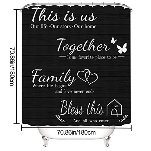 juwute 4Pcs Family Shower Curtain Sets with Non-Slip Rugs, Toilet Lid Cover and Bath Mat, Black Home Bathroom Decor Set Accessories Waterproof Shower Curtains with 12 Hooks, 72 x 72 Inch - Image 3