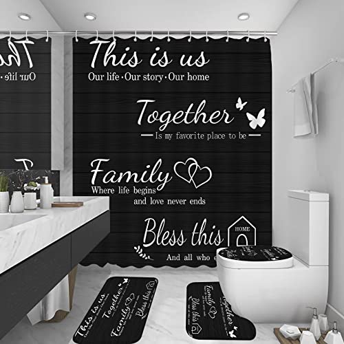 juwute 4Pcs Family Shower Curtain Sets with Non-Slip Rugs, Toilet Lid Cover and Bath Mat, Black Home Bathroom Decor Set Accessories Waterproof Shower Curtains with 12 Hooks, 72 x 72 Inch - Image 2