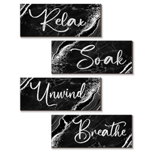 ONIZHITY 4 Pcs Black And Silver Bathroom Decor Wall Signs Relax Soak Unwind Breathe Wooden Rustic Marble Style Bathroom Accessories for Bedroom Living Room Kitchen Decoration(Black Silver 10X4") - Image 1