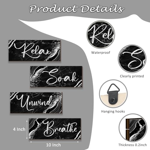 ONIZHITY 4 Pcs Black And Silver Bathroom Decor Wall Signs Relax Soak Unwind Breathe Wooden Rustic Marble Style Bathroom Accessories for Bedroom Living Room Kitchen Decoration(Black Silver 10X4") - Image 2