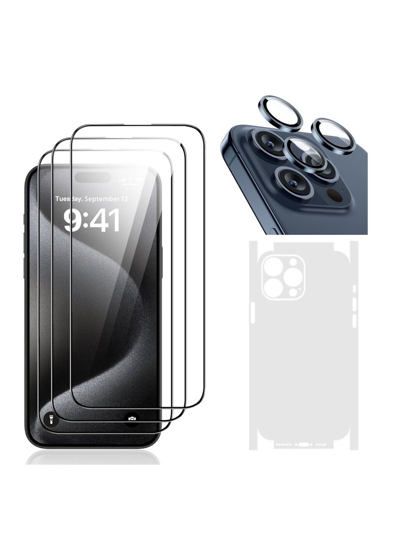 Digi Core آئی فون 15 پرو اسکرین پروٹیکٹر 3 پیک 6.1 انچ 2.5D خمیدہ کناروں کے ساتھ آئی فون 15 پرو کیمرہ لینس پروٹیکٹر اور اینٹی سکریچ آئی فون بیک پی وی سی کلیئر شیٹ سیٹ (بلیو ٹائٹینیم، آئی فون 15 پرو) - Image 1