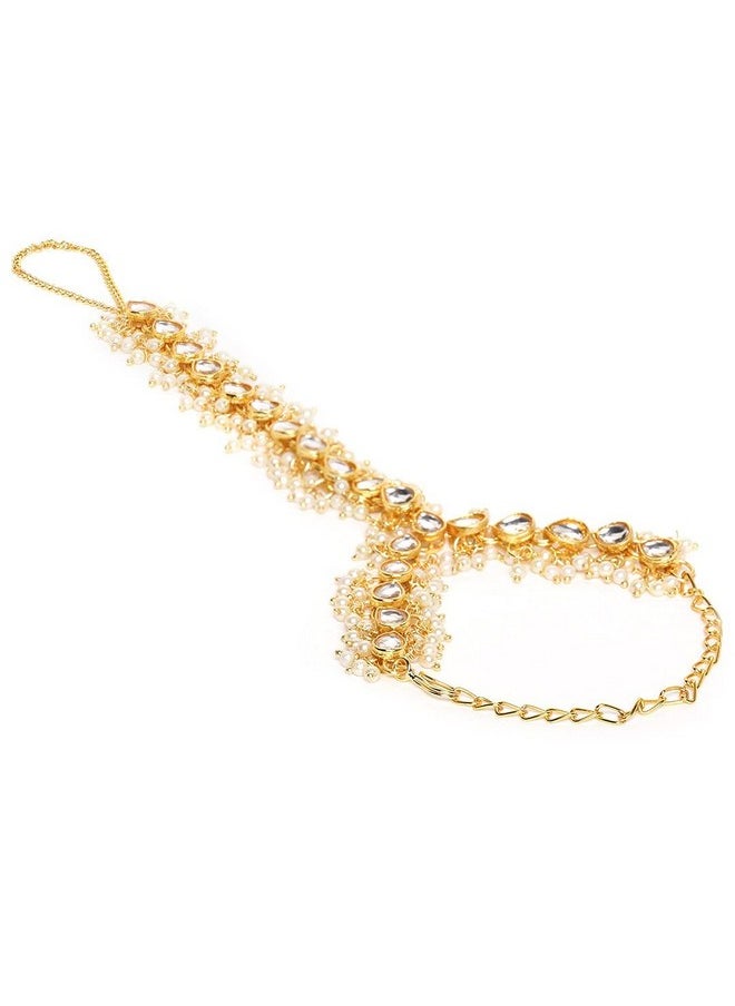 I Jewels I Jewels Traditional Gold Plated Embellish With Kundan & Pearl Adjustable Haath Phool/Panja Bracelet for Women (PIJ024W) (Pack of 1)  - Image 3