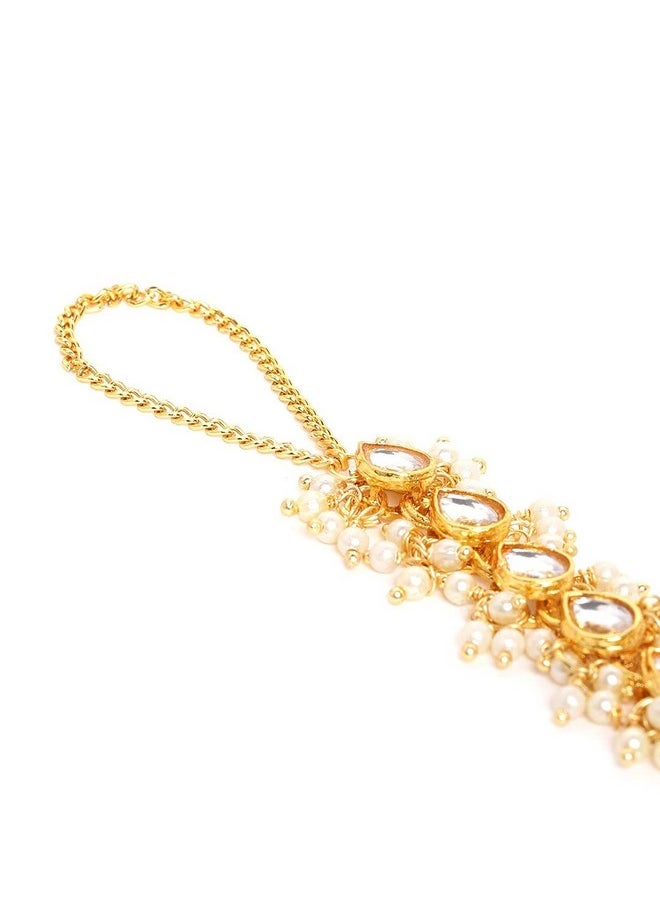 I Jewels I Jewels Traditional Gold Plated Embellish With Kundan & Pearl Adjustable Haath Phool/Panja Bracelet for Women (PIJ024W) (Pack of 1)  - Image 4