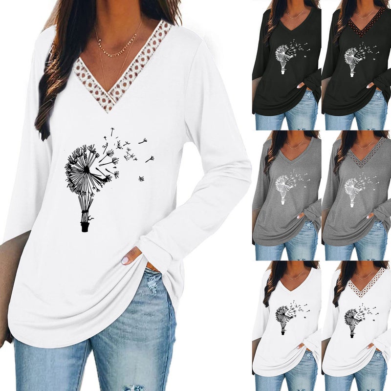 wsih casual women's clothing dandelion print stitching lace V-neck long sleeve T-shirt - Image 2
