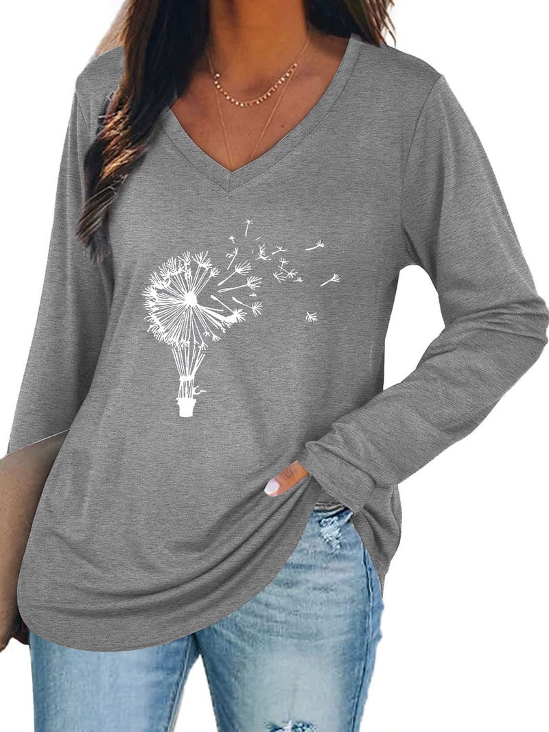 wsih casual women's clothing dandelion print stitching lace V-neck long sleeve T-shirt - Image 5