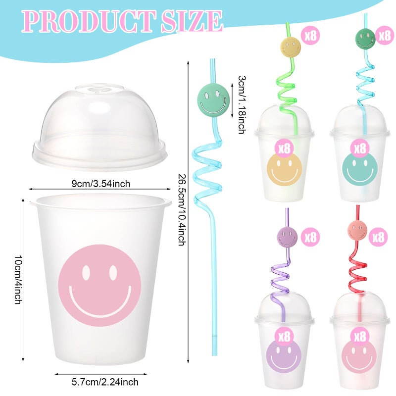 Yaomiao Smile Face Sipper Cups with Straws and Lids 12 oz Clear Plastic Cups Happy Face Party Cups with Dome Lids Happy Party Favors for Kids Tea Coffee Smoothie Cold Drinks32 Pack - Image 3