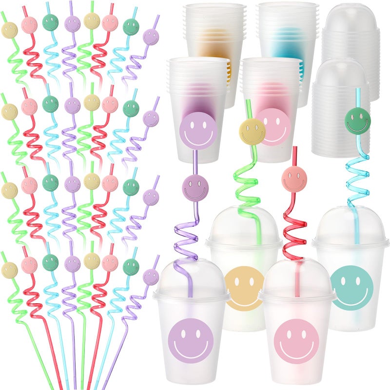 Yaomiao Smile Face Sipper Cups with Straws and Lids 12 oz Clear Plastic Cups Happy Face Party Cups with Dome Lids Happy Party Favors for Kids Tea Coffee Smoothie Cold Drinks32 Pack - Image 2