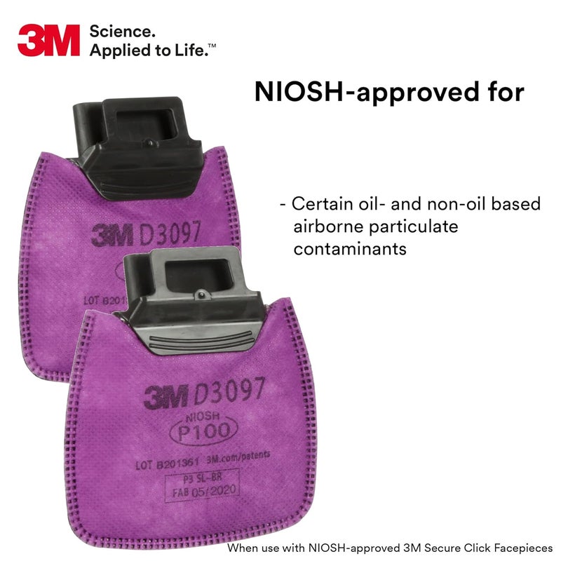 3M P100 Respirator Filter, Secure Click D3097 Nuisance Level Organic Vapor and Certain Oil and Non-oil Based Particulates Filter, NIOSH Approved, Dual-Flow for Easier Breathing, 1 Pair - Image 2