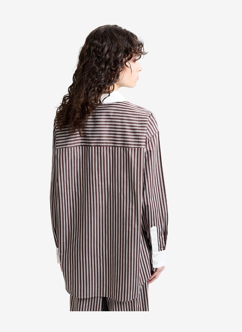 French Connection Women's Alexis Poplin Brown Striped Button Down Relaxed Shirt - Image 4