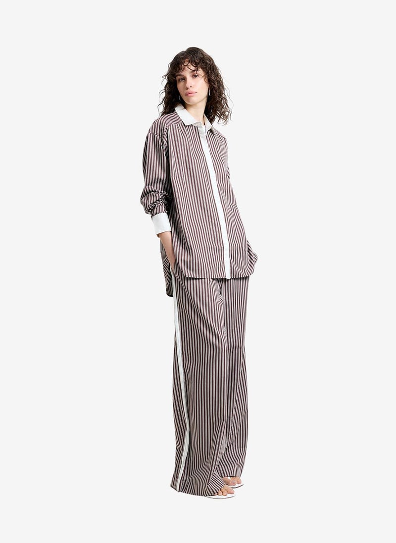 French Connection Women's Alexis Poplin Brown Striped Button Down Relaxed Shirt - Image 3