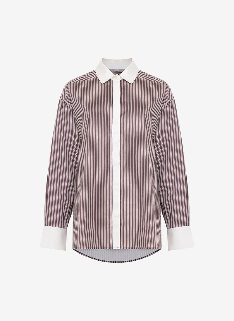 French Connection Women's Alexis Poplin Brown Striped Button Down Relaxed Shirt - Image 5