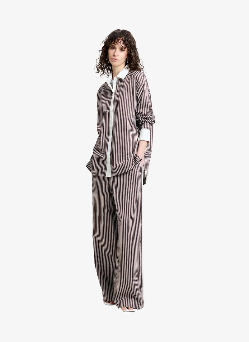 فرنش كونكشن Women's Alexis Poplin Brown Striped Button Down Relaxed Shirt