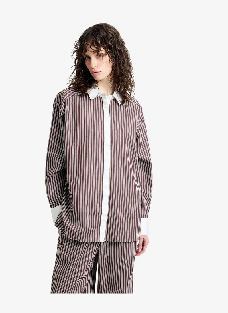 Women's Alexis Poplin Brown Striped Button Down Relaxed Shirt