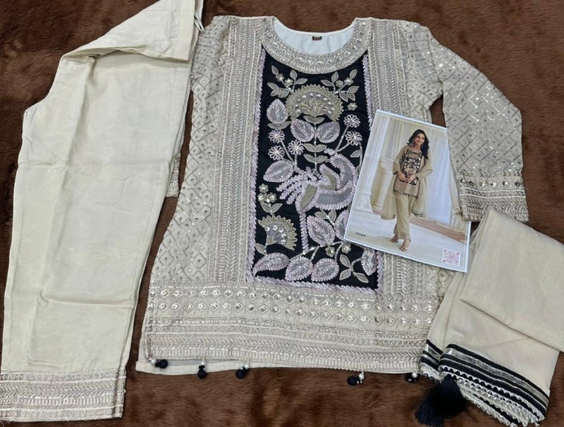 ANAITA Cream Crepe Silk Free Size Stitched Suit with Embroidery & Mirror Work - Image 4
