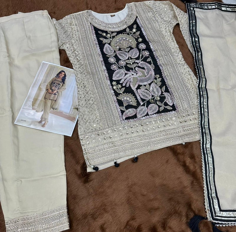 ANAITA Cream Crepe Silk Free Size Stitched Suit with Embroidery & Mirror Work - Image 3