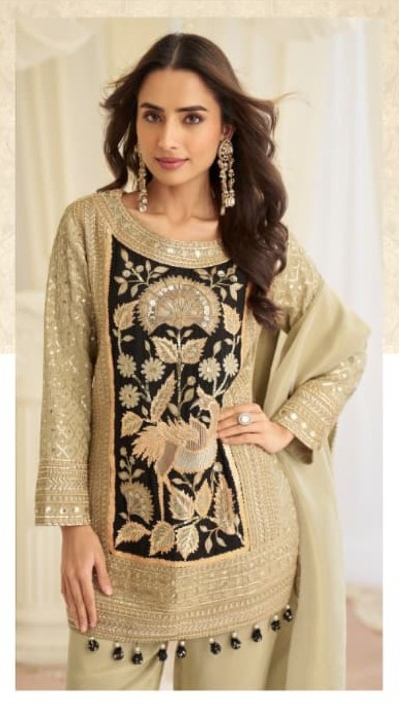 ANAITA Cream Crepe Silk Free Size Stitched Suit with Embroidery & Mirror Work - Image 2