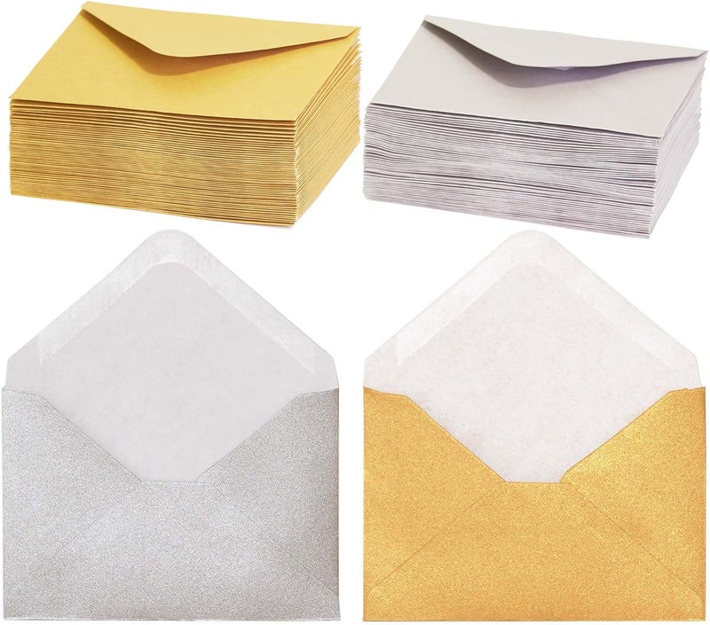 MATICAN Gift Card Envelopes - 100-Count Mini Envelopes, Paper Business Card Envelopes, Bulk Tiny Envelope Pockets for Small Note Cards, Gold and Silver, 50 Each, 4 x 2.7 Inches - Image 1