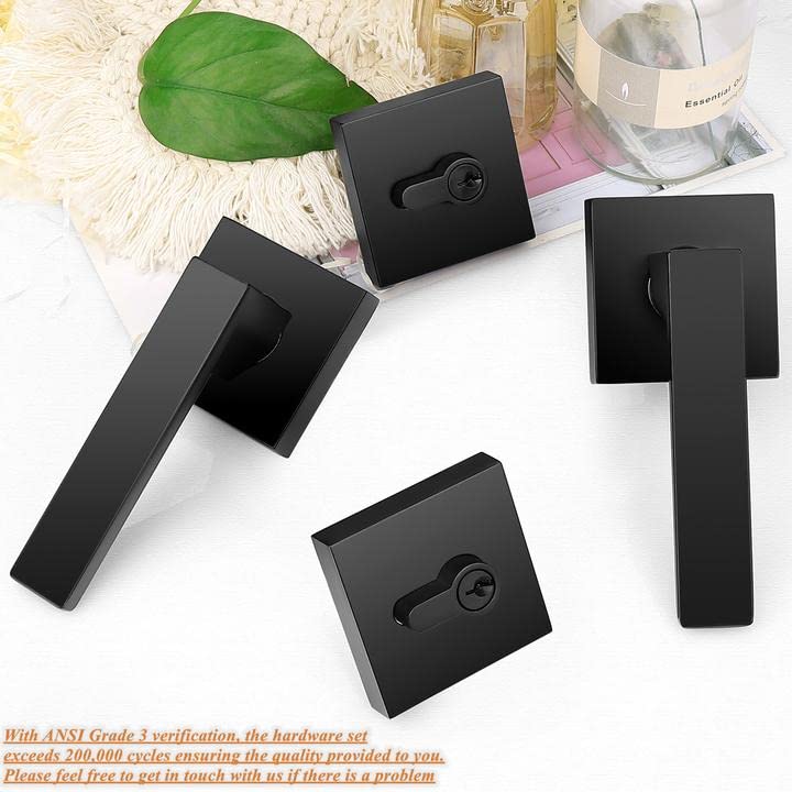 Probrico Flat Black Passage Door Lever with Double Cylinder Deadbolt Combo Keyed Alike, Modern Square Lock Set, Exterior Door Handle and Deadbolt Set,1 Pack - Image 2
