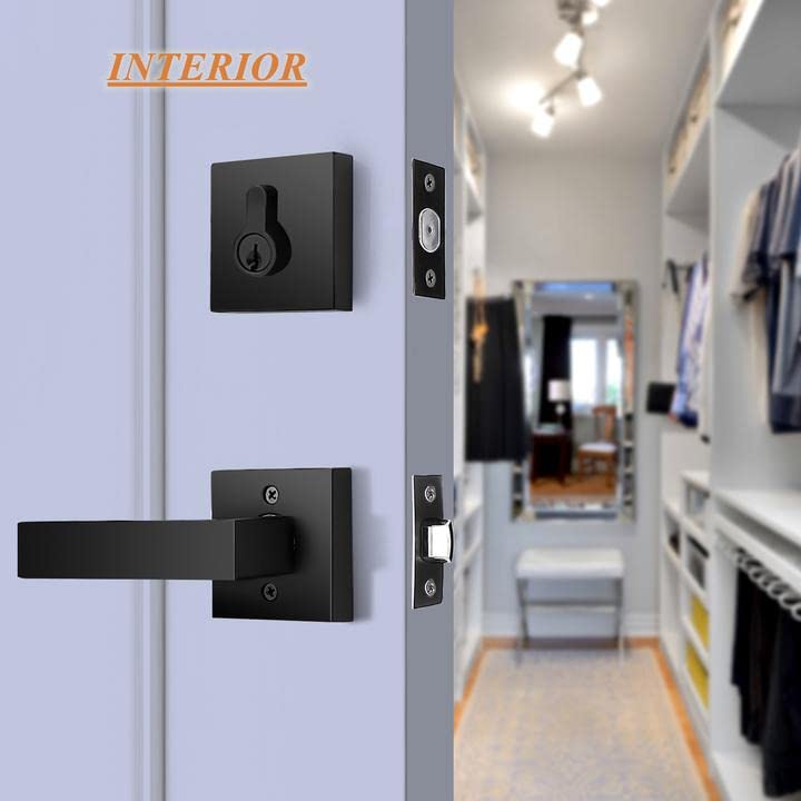 Probrico Flat Black Passage Door Lever with Double Cylinder Deadbolt Combo Keyed Alike, Modern Square Lock Set, Exterior Door Handle and Deadbolt Set,1 Pack - Image 4