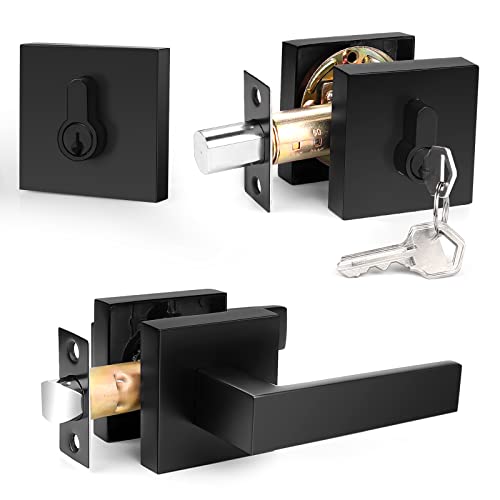 Probrico Flat Black Passage Door Lever with Double Cylinder Deadbolt Combo Keyed Alike, Modern Square Lock Set, Exterior Door Handle and Deadbolt Set,1 Pack - Image 1
