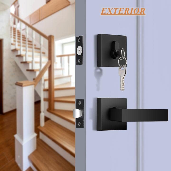Probrico Flat Black Passage Door Lever with Double Cylinder Deadbolt Combo Keyed Alike, Modern Square Lock Set, Exterior Door Handle and Deadbolt Set,1 Pack - Image 3