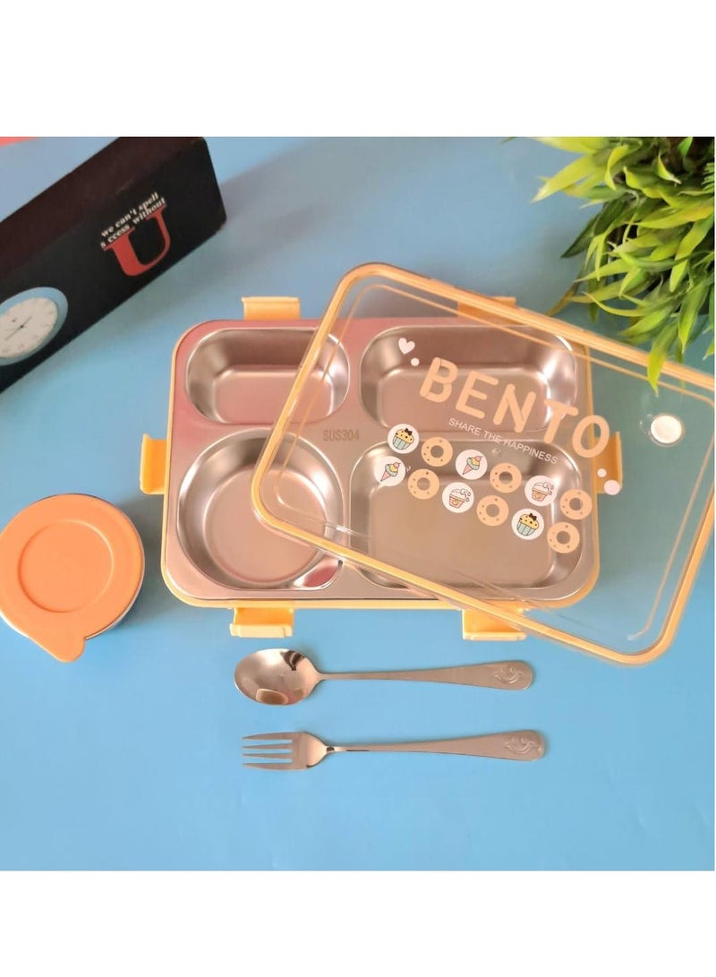 Laxon Laxon 7092 Bento stainless steel lunch box 850ml 4 Compartment with spoon - Yellow - Image 1
