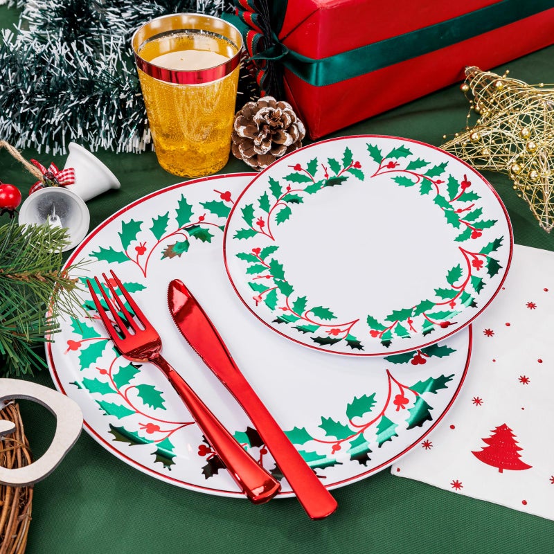 WDF 175Pcs Disposable Christmas Plates & Napkins - 25 Dinner & Dessert Plates  25 Utensils  25 Cups  25 Christmas Napkins - Image 1