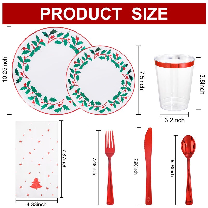 WDF 175Pcs Disposable Christmas Plates & Napkins - 25 Dinner & Dessert Plates  25 Utensils  25 Cups  25 Christmas Napkins - Image 3