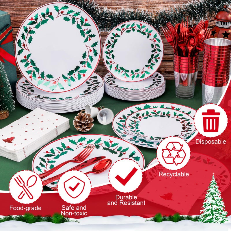 WDF 175Pcs Disposable Christmas Plates & Napkins - 25 Dinner & Dessert Plates  25 Utensils  25 Cups  25 Christmas Napkins - Image 2