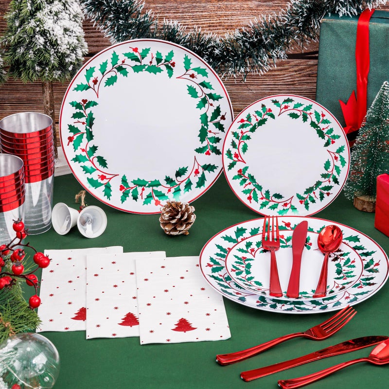 WDF 175Pcs Disposable Christmas Plates & Napkins - 25 Dinner & Dessert Plates  25 Utensils  25 Cups  25 Christmas Napkins - Image 4