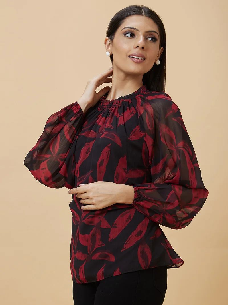 جلو باص Women Black Floral Print Puff Sleeve Tie-Up Neck Top